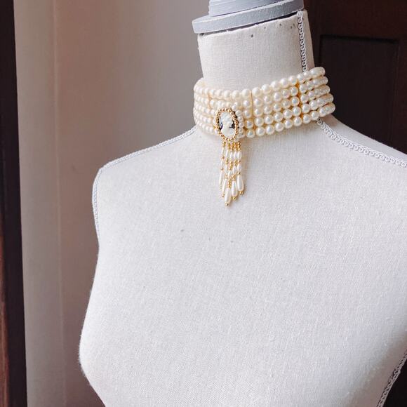 Victorian Revival Faux Pearl Cameo Statement Choker Multi Strand Necklace VTG - Picture 5 of 11